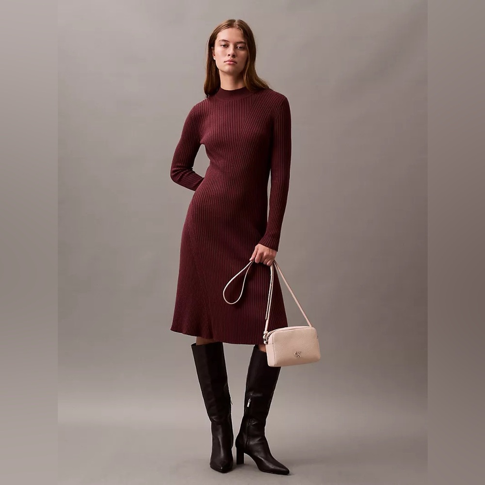 Calvin Klein Smooth Cotton Ribbed Mock Neck Pleated Sweater Dress in Maroon Sz M